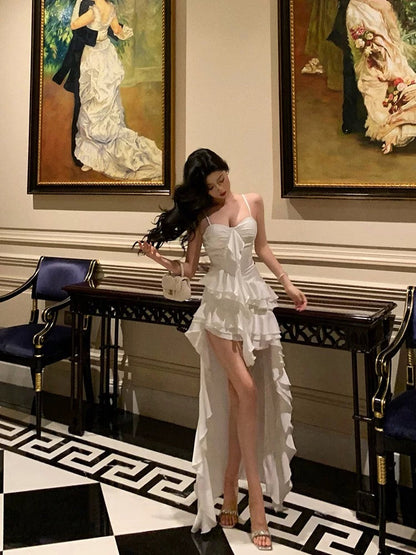 Sexy High Low Spaghetti Straps White Chiffon Ruffles Prom Dresses Birthday Outfits Evening Gown SD987