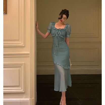 Elegant Mermaid Square Neckline Short Sleeves Blue Chiffon Prom Dresses Birthday Outfits Evening Gown SD993