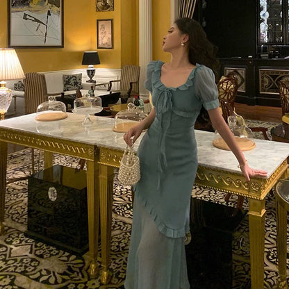 Elegant Mermaid Square Neckline Short Sleeves Blue Chiffon Prom Dresses Birthday Outfits Evening Gown SD993