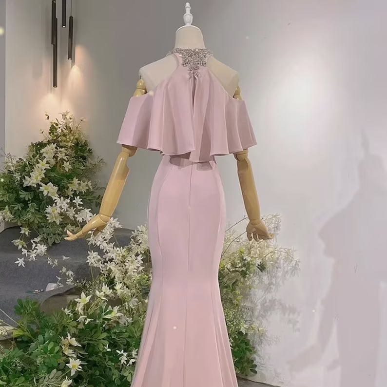 Pink Vintage Off The Shoulder Long Mermaid Prom Dressï¼_legant Evening Dress SH642