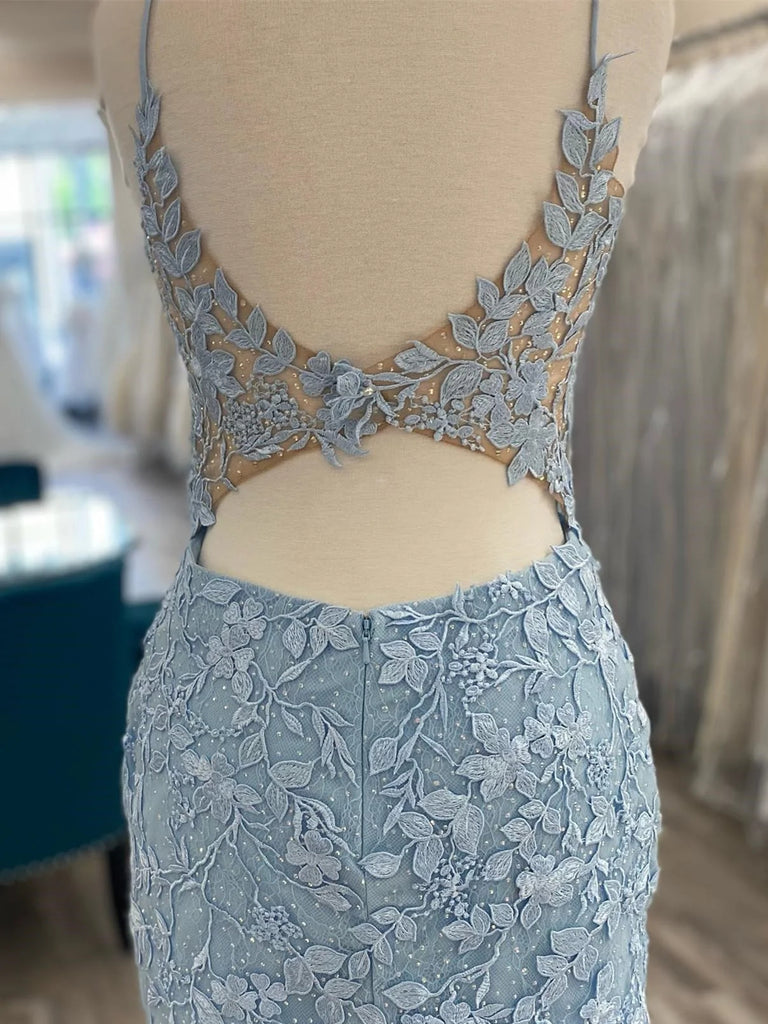 V Neck Blue Lace Short Graduation Homecoming Dresses SH005