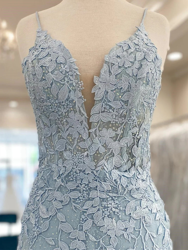 V Neck Blue Lace Short Graduation Homecoming Dresses SH005