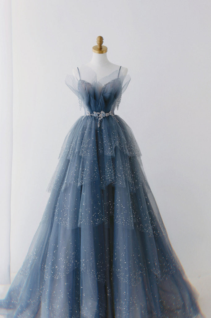 Gorgeous Blue Sparkly Tulle Beaded Prom Dress, Tiered Formal Gown With Rhinestone SH258