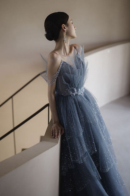 Gorgeous Blue Sparkly Tulle Beaded Prom Dress, Tiered Formal Gown With Rhinestone SH258