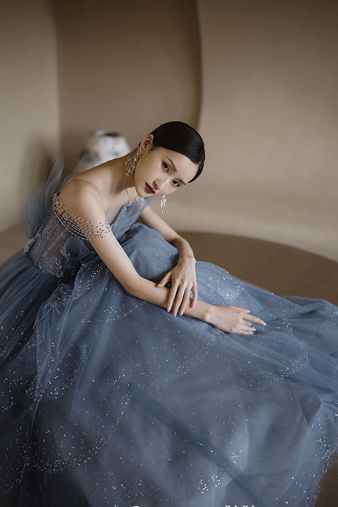 Gorgeous Blue Sparkly Tulle Beaded Prom Dress, Tiered Formal Gown With Rhinestone SH258