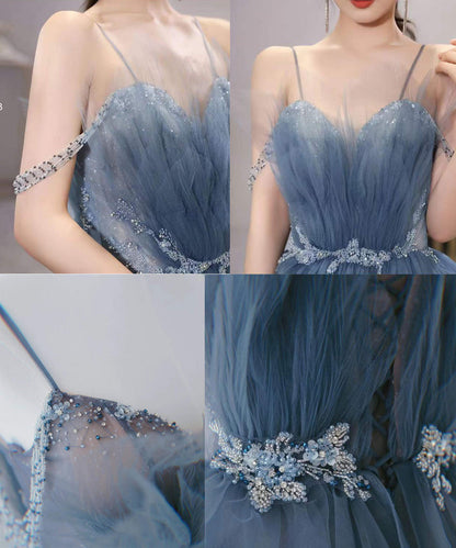 Gorgeous Blue Sparkly Tulle Beaded Prom Dress, Tiered Formal Gown With Rhinestone SH258
