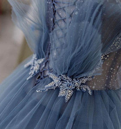 Gorgeous Blue Sparkly Tulle Beaded Prom Dress, Tiered Formal Gown with Rhinestone SH360