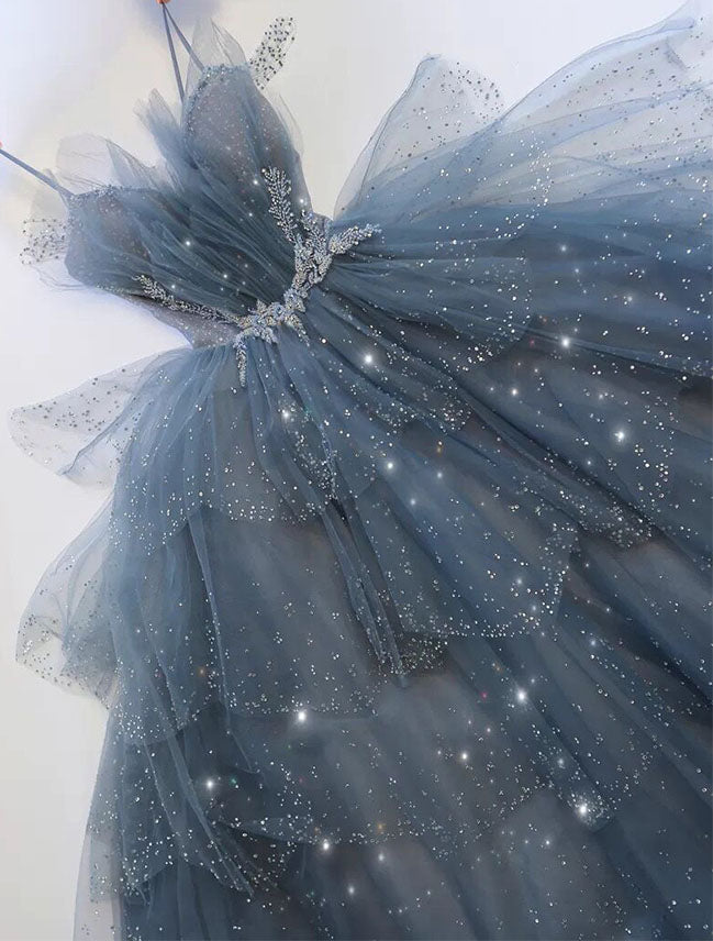 Gorgeous Blue Sparkly Tulle Beaded Prom Dress, Tiered Formal Gown with Rhinestone SH360