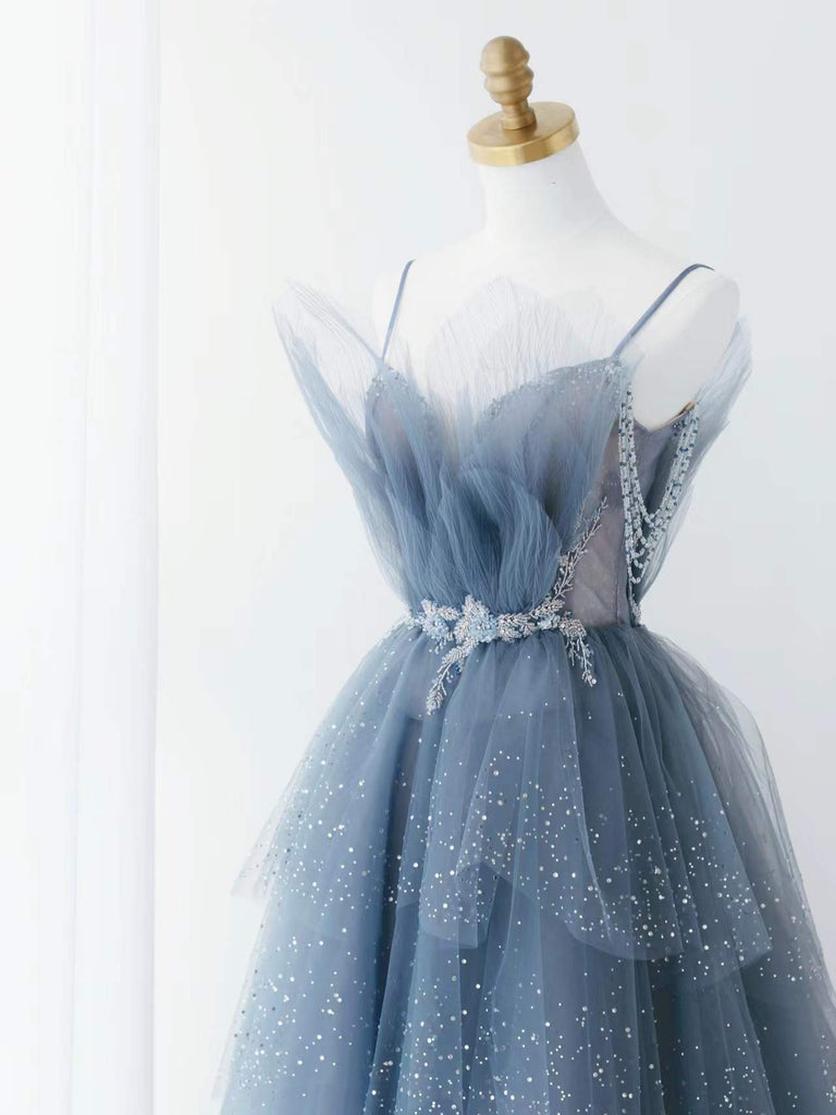 Gorgeous Blue Sparkly Tulle Beaded Prom Dress, Tiered Formal Gown With Rhinestone SH258