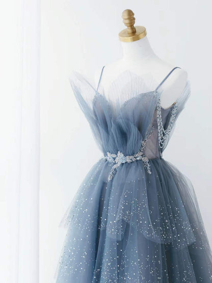 Gorgeous Blue Sparkly Tulle Beaded Prom Dress, Tiered Formal Gown With Rhinestone SH258