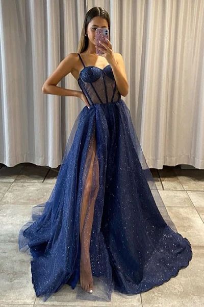 Sexy Sparkle Spaghetti strap Navy Blue A-line Princess Tulle Prom Dress SH278
