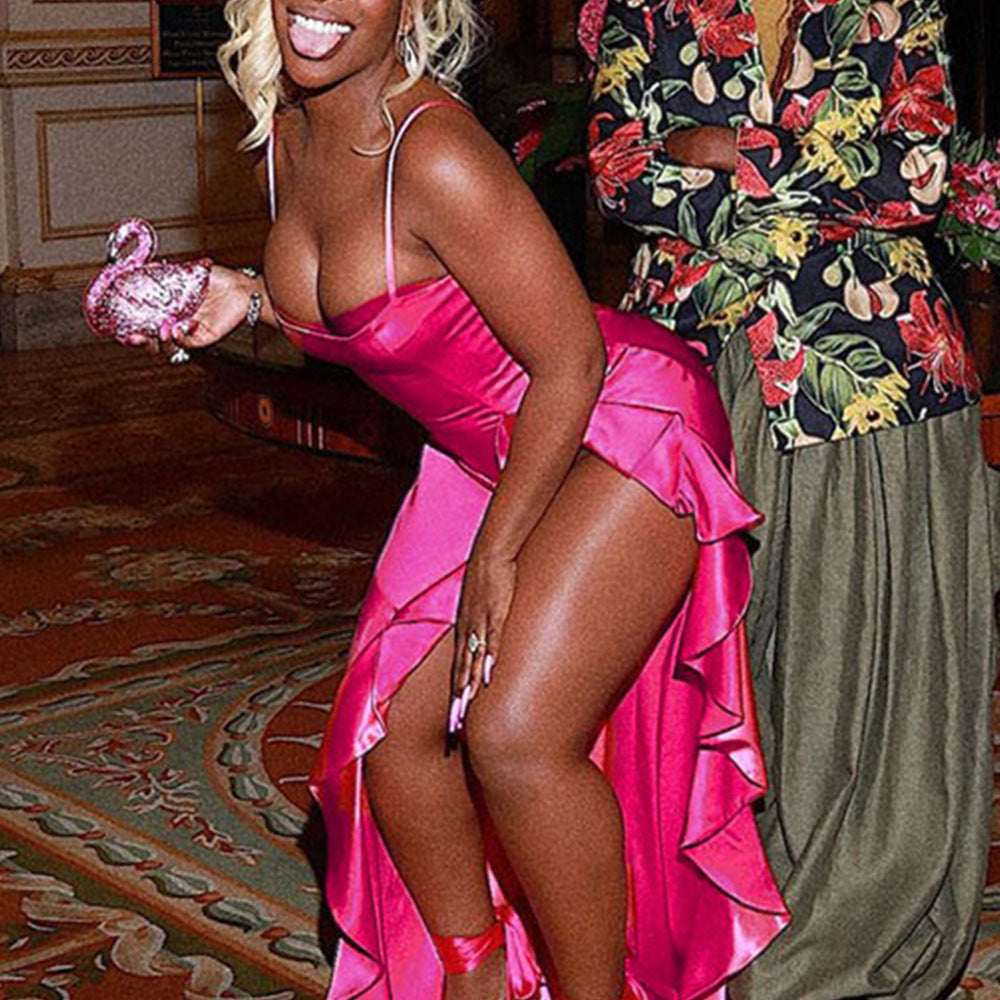 Satin Mermaid Evening Dress Hot Pink Slit Black Girl Prom Dress SH288