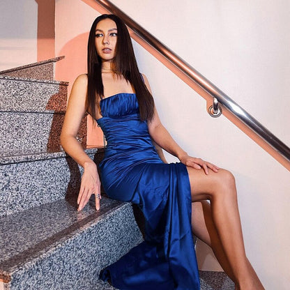 Ocean Blue Spaghetti Straps Sexy Mermaid Slits Long Prom Dress SH289