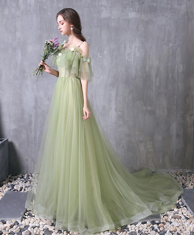 Green Tulle Lace Long Prom Dress Green Evening Dress SH317