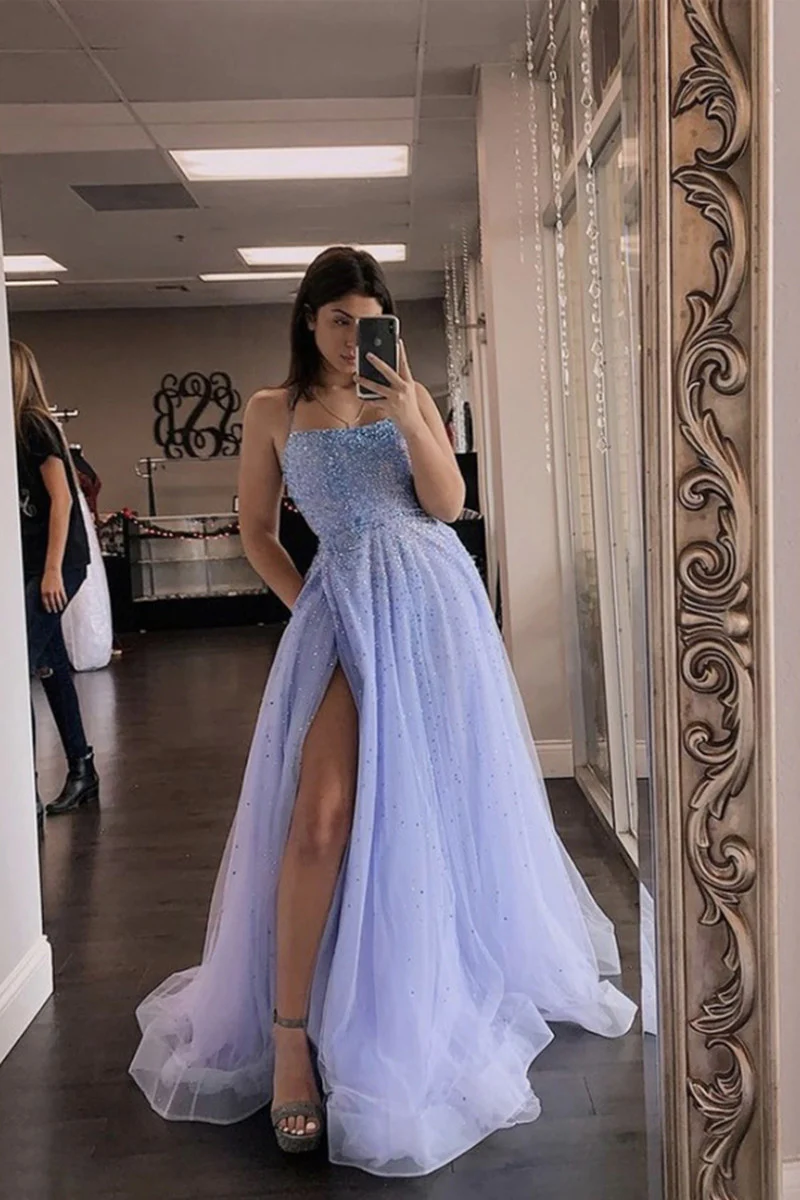 Lavender prom dresses beaded spaghetti straps long evening dress with side slit SH395