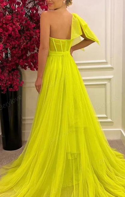 Sweetheart Long Pleated Tulle Evening Dresses One Shoulder Split Prom Dress SH489