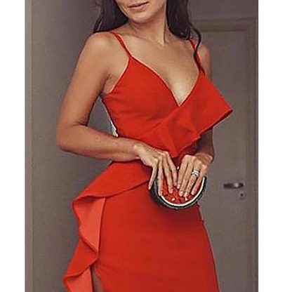 Halter Ruffles Hem High Slit Party Dress Women Spaghetti Strap V Neck Sexy Long Prom Dress SH500