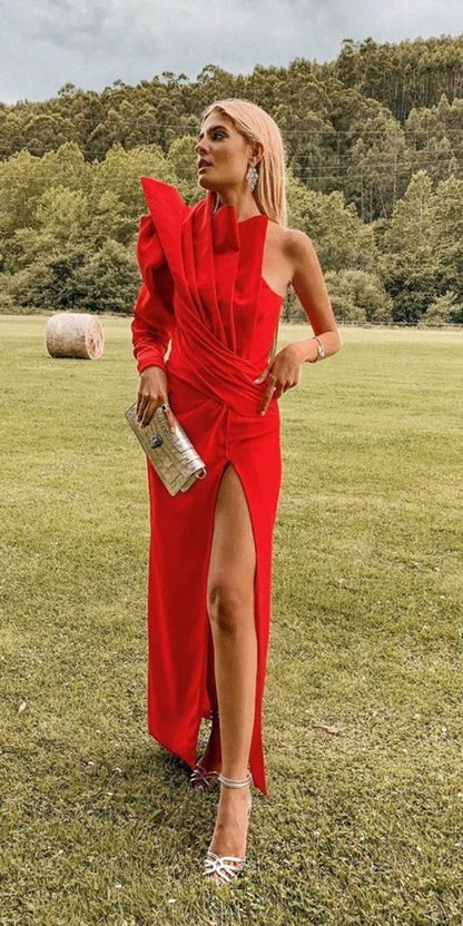 One Shoulder Red Long Sleeve Prom Dress Wedding Guest Dress Evening Dress SH505