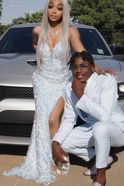 Shiny Mermaid Sequins White V Neck Long Prom Dress, Formal Evening Dresses SH551