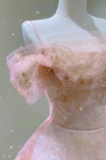 A Line Pink Tulle Lace Off The Shoulder Prom Dresses, Formal Evening Dress SH554