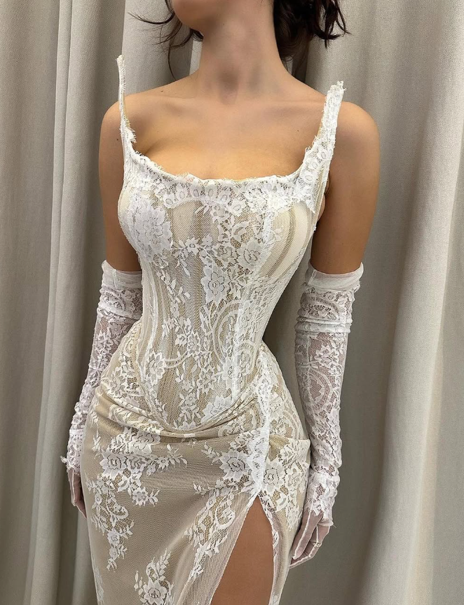 Sexy Sheath Strapless Ivory Lace Prom Dress Evening Dress with Slit SH2274