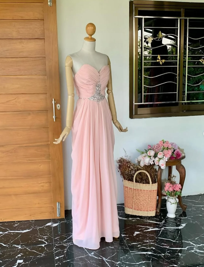 Light Pink Sheath Sweetheart Neck Rhinestone Chiffon Long Prom Dress Evening Dress SH2296