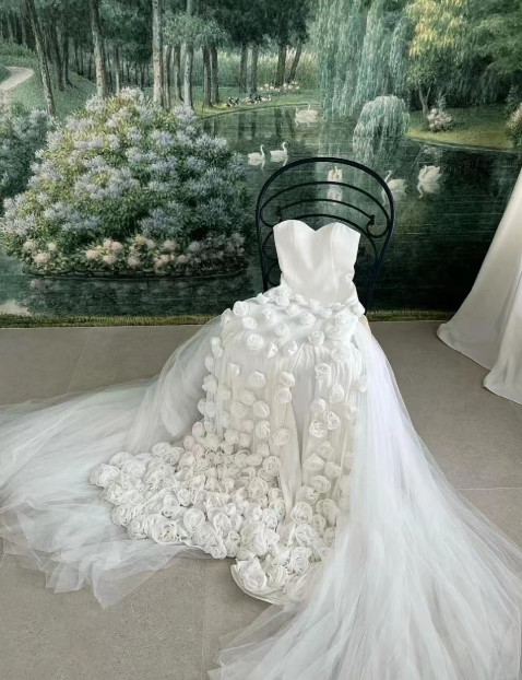 Charming Pink Strapless High Slit Flower Prom Dress SH717