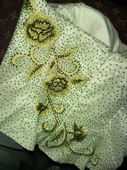 Gentle A Line Strapless Beaded Embroidery Green Organza Satin Long Prom Dress Party Dress SH3044