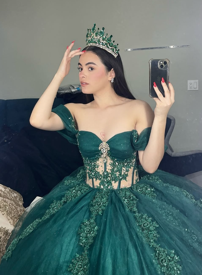 Green Tulle Applique Off the Shoulder Long Prom Dress Quinceanera Dress Ball Gown SH2446