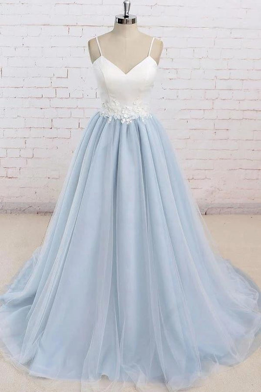 Light Blue Tulle Simple Spaghetti Straps Sweep Train Backless Prom Dress