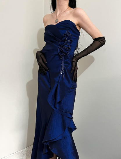 Vintage A Line Sweetheart Neck Ruffle Navy Blue Satin Prom Dress Graduation Prom Dress SH2590