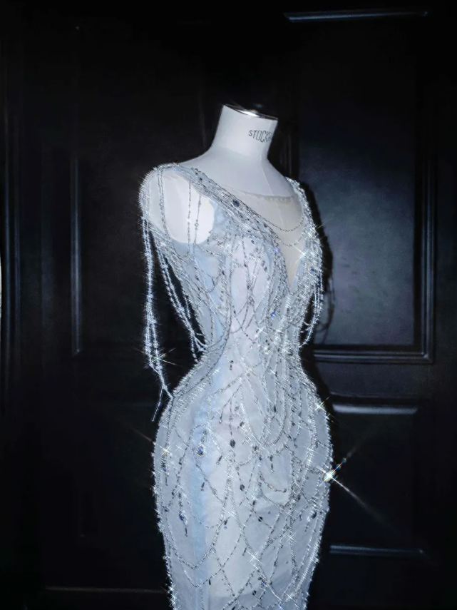 Blue Mermaid V Neck Rhinestone Tulle Long Prom Dress Party Dress SH3248