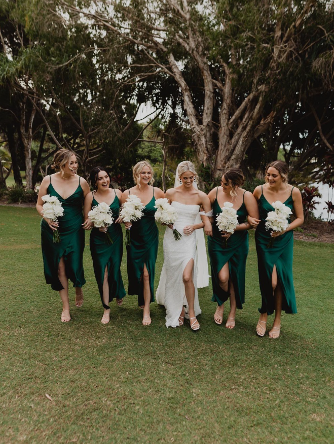 Elegant A Line Spaghetti Strap Hunter Green Satin Evening Dress Bridesmaid Dress with Slit SH2705