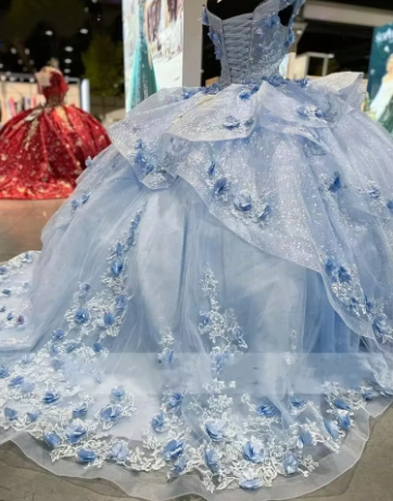 Gorgeous Light Blue Tulle Appliques Ball Gown Birthday Quinceanera Dress