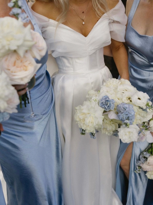 Gentle Sheath Strap Blue Satin Long Bridesmaid Dress Evening Dress with Slit SH2835