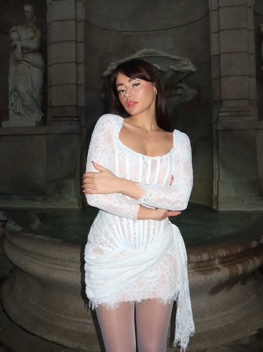 Sexy White Sheath Long Sleeve Corset Lace Mini Homecoming Dress Cocktail Dress SH3811