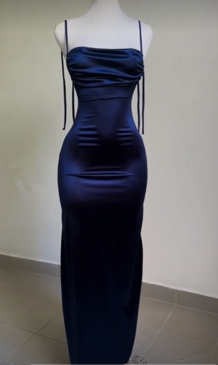 Sexy Sheath Spaghetti Straps Backless Navy Blue Satin Prom Dress Evening Dress SH1214
