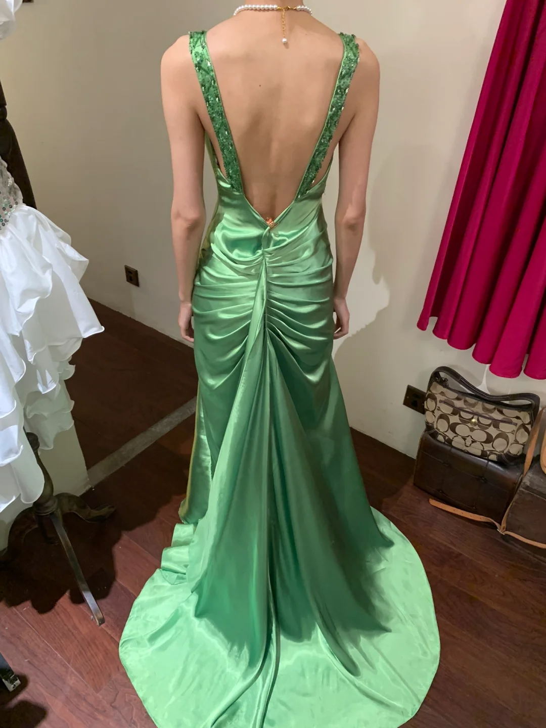 Vintage Mermaid V Neck Beaded Green Satin Long Prom Dress Party Dress SH3034