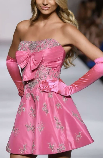 Stylish Pink Sequin Beaded Mini Birthday Outfits Formal Homecoming Dress With Gloves S422