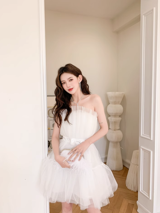White A Line Strapless Tulle Short Outfit Party Dress Homecoming Dress Birthday Dress SH3530