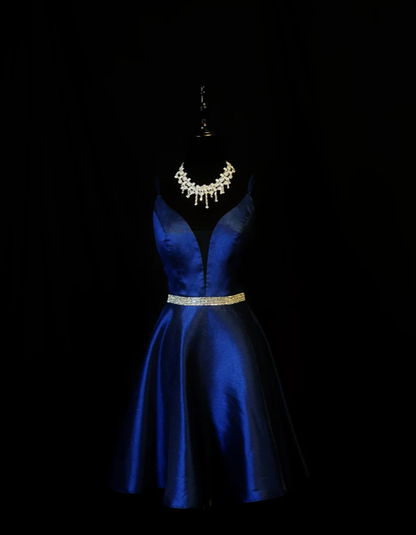 Pretty Spaghetti Straps Backless Homecoming Dress Royal Blue Satin Beaded Cocktail Dress S429