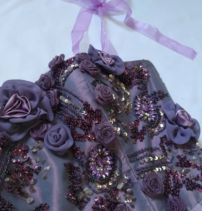 Vintage Purple A Line Strapless Flower Beaded Sequin Satin Tulle Prom Dress Gown SH2528