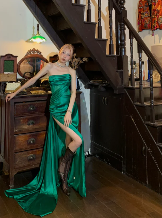 Vintage A Line Strapless Beaded Corset Green Satin Prom Dress Evening Dress with Slit SH3082