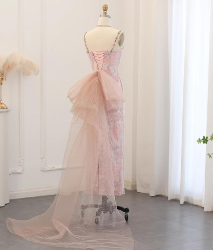 Pink Sheath Spaghetti Straps Rhinestone Sequin Tulle Prom Dress Evening Dress with Bow SH1945