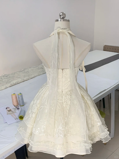 Classy Off-White Halter Lace Sequin A Line Short 8th Grade Homecoming Dress Formal Birthday Outfits S895