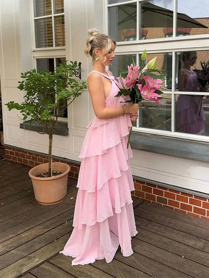 Pink Halter Fashion Halter Ruffled Tiered Ruffle Long Chiffon Tulle Ball Gown Evening Gown Party Dress gh3100