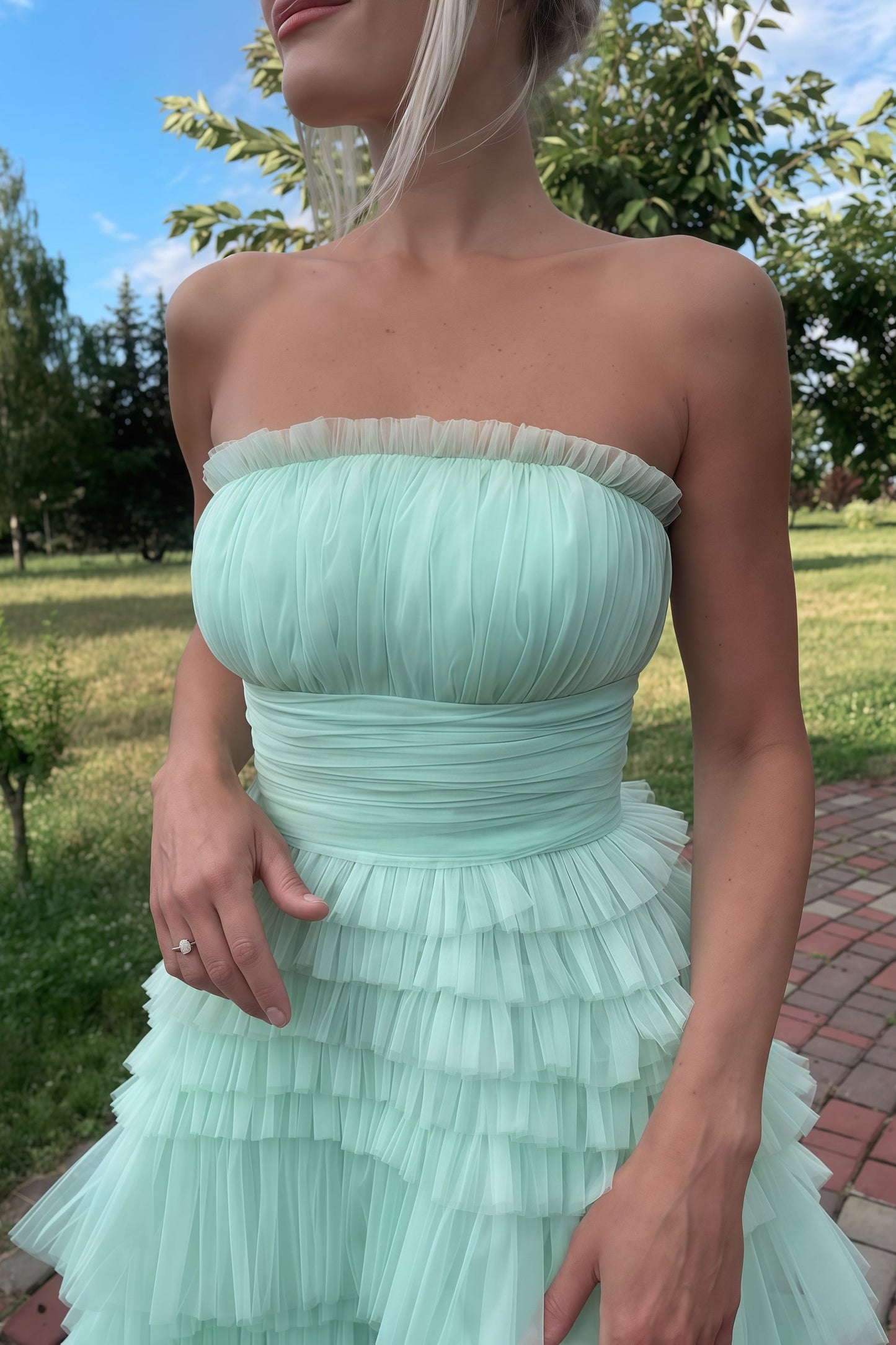 Sage Green Tulle Prom Dresses, Strapless Ruffle Birthday Dress