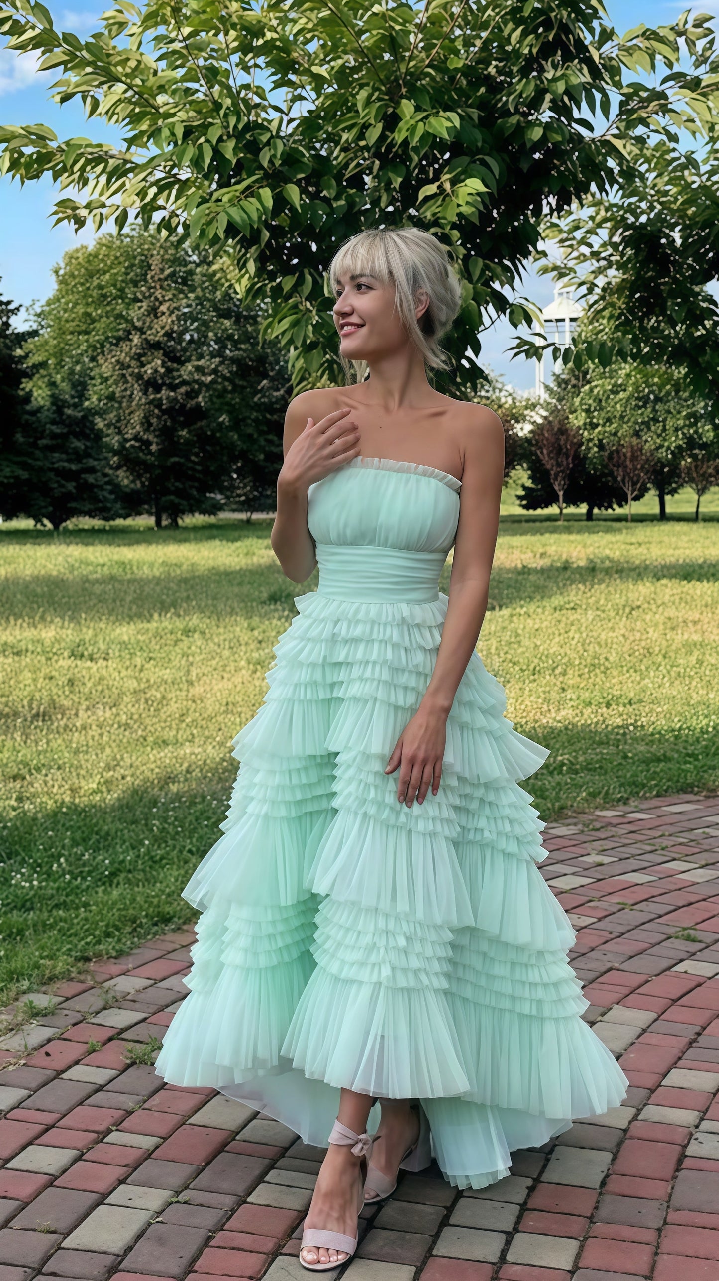 Sage Green Tulle Prom Dresses, Strapless Ruffle Birthday Dress