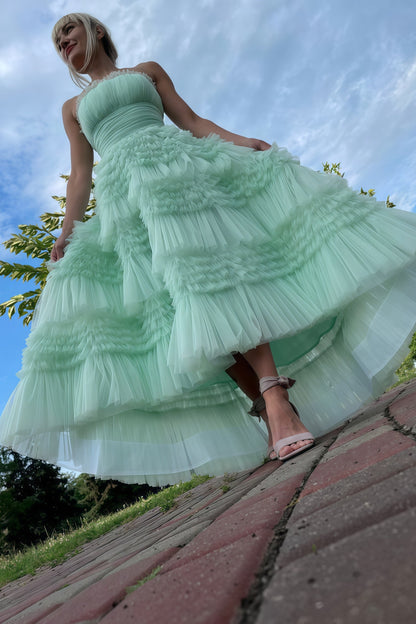 Sage Green Tulle Prom Dresses, Strapless Ruffle Birthday Dress
