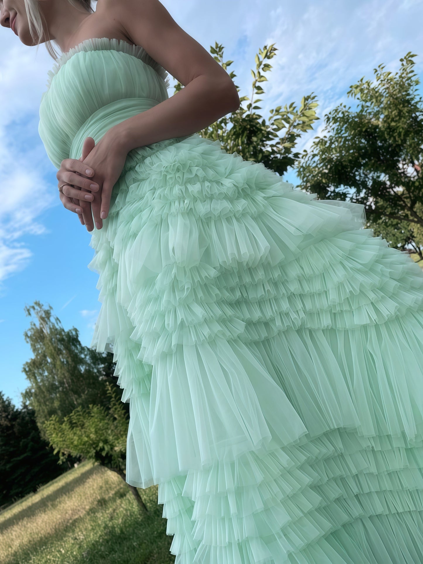 Sage Green Tulle Prom Dresses, Strapless Ruffle Birthday Dress